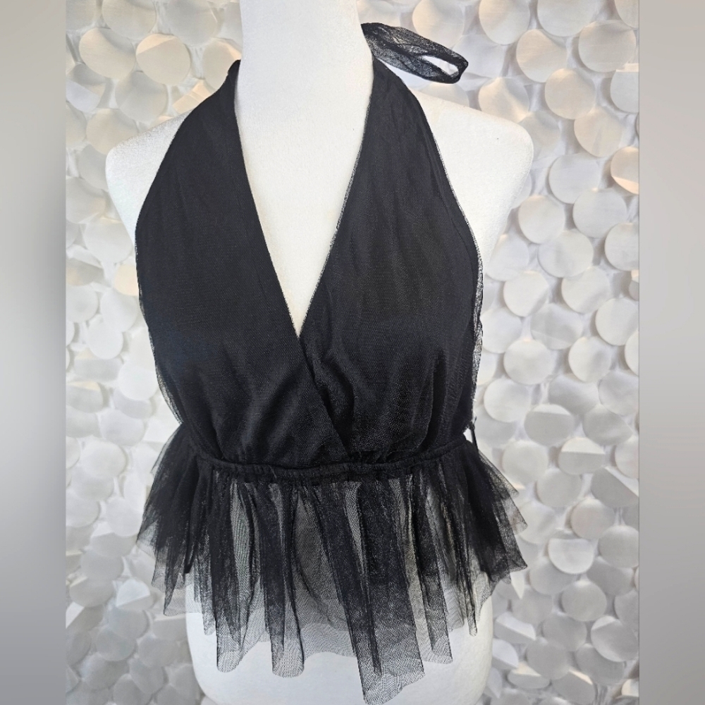 BLACK HALTER MESH Tulle TOP, BACKLESS SHIRT SIZE XS, SIZE S, Size M